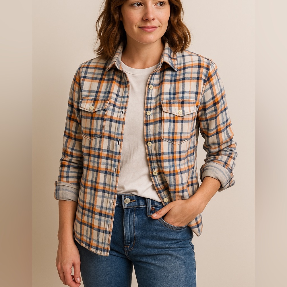 Lucky Brand Orange & Blue Plaid Flannel Shirt
Size: Small (S/P/CH)